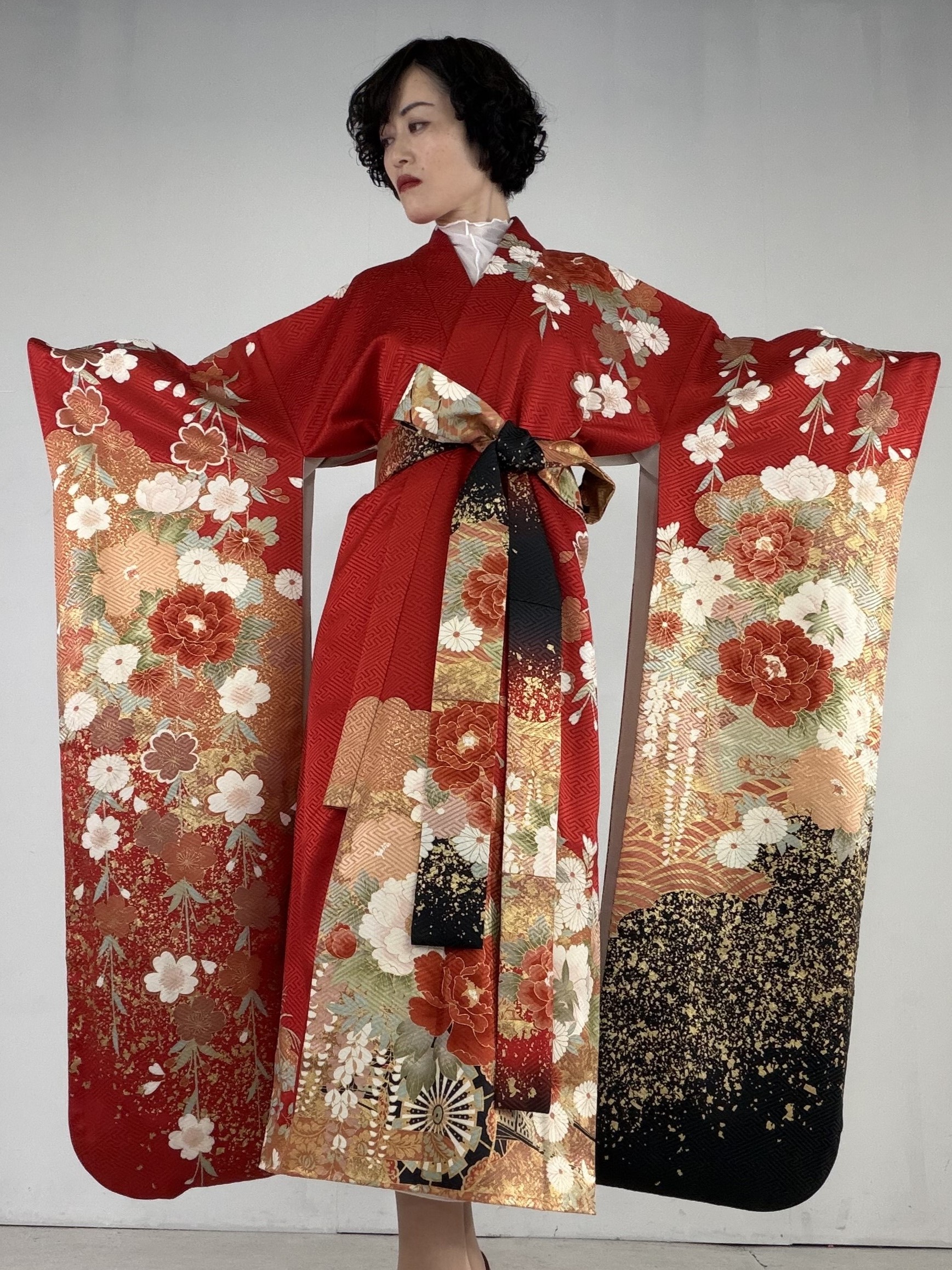 One-of-a-Kind Silk Kimono - Crimson & Gold Peony
