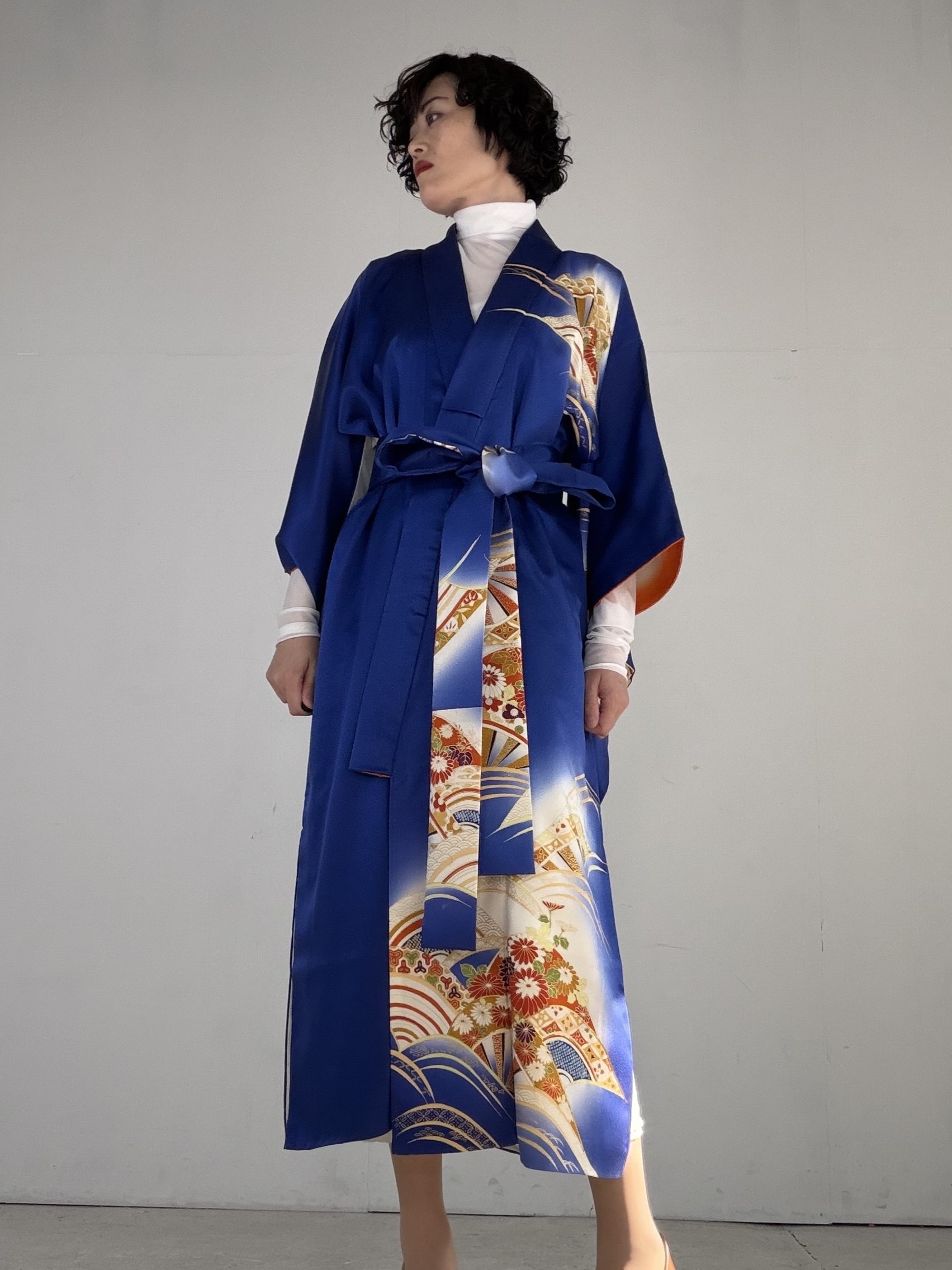 machiko Silk Kimono - Royal Blue Coastal Fan